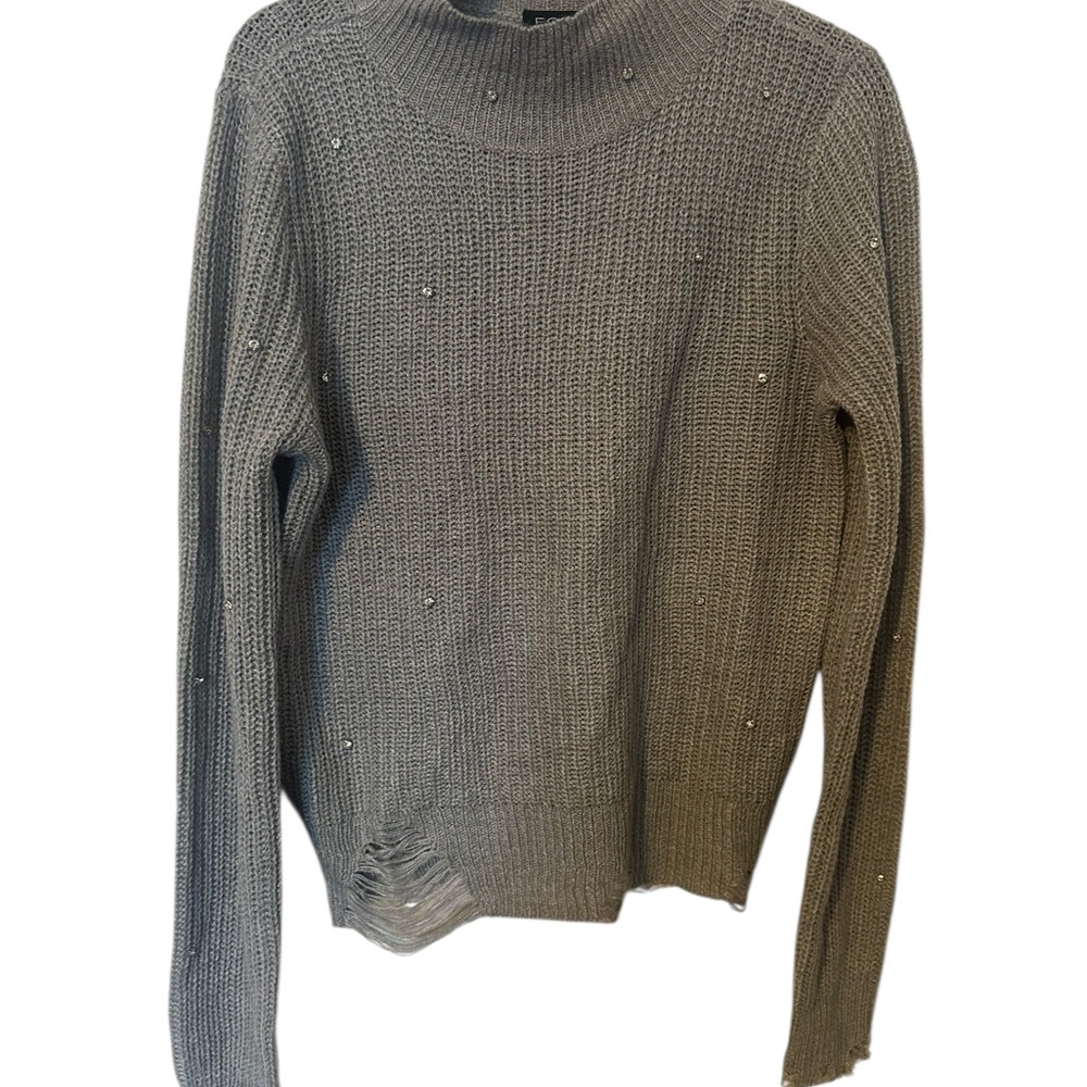 Elegant Gray Turtleneck Mobwives Distressed Sweater with Embellishments